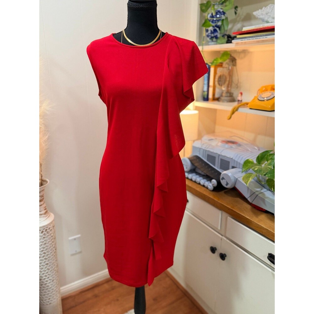 Red Sleeveless Dress Above Knee Statement Ruffle Elegant Party Wedding Guest